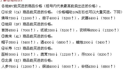 梦幻西游跑商价格,跑商特产价格